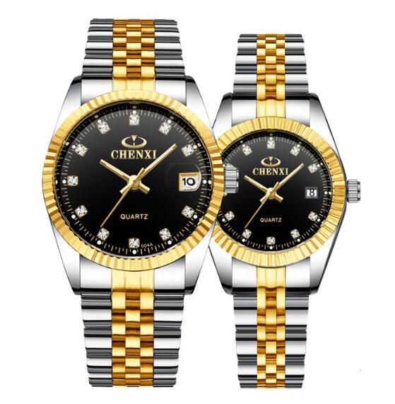 Golden Couple Quartz Watch Set – Stainless Steel Strap, Double-Side Button Clasp, Elegant Gift for Him & Her