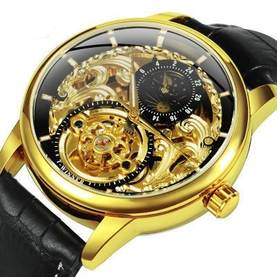 Men's Luxury Gold Case Mechanical Watch – Black Dial, Transparent Back, Leather Strap