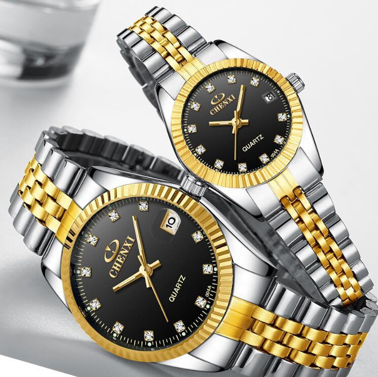 Golden Couple Quartz Watch Set – Stainless Steel Strap, Double-Side Button Clasp, Elegant Gift for Him & Her