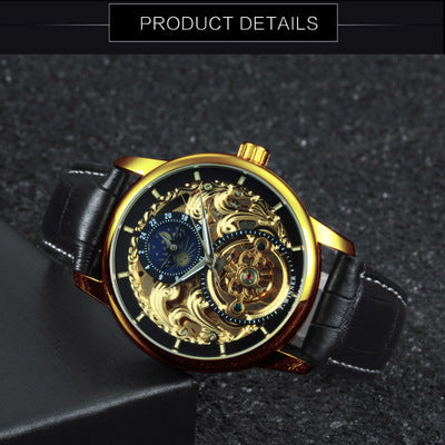 Men's Luxury Gold Case Mechanical Watch – Black Dial, Transparent Back, Leather Strap