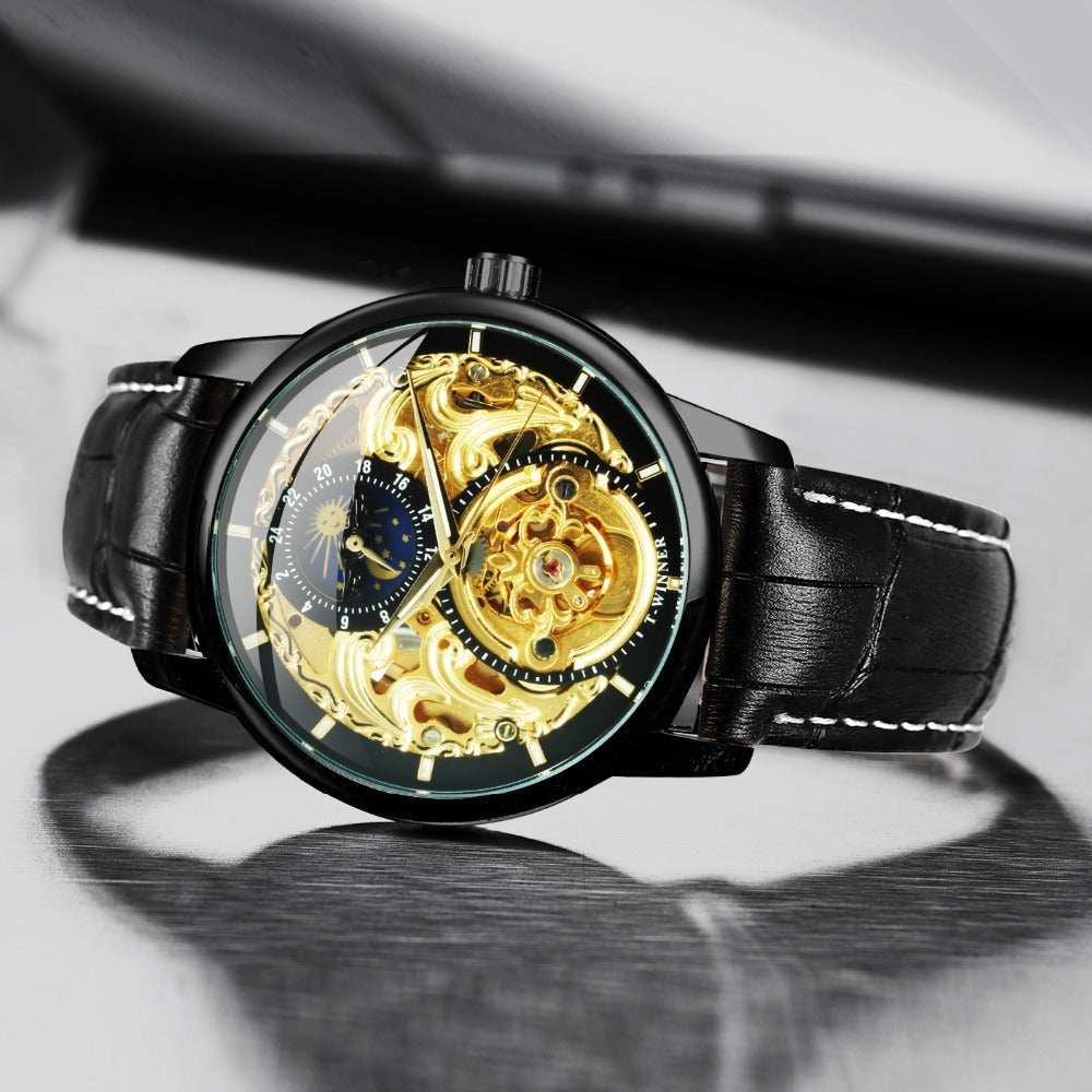 Men's Luxury Gold Case Mechanical Watch – Black Dial, Transparent Back, Leather Strap