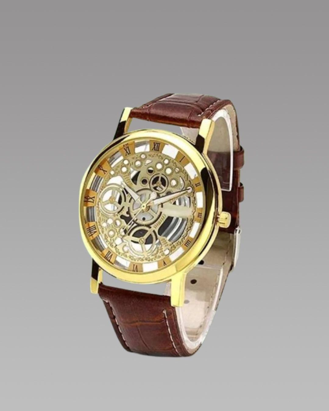 Royal Skeleton Dial Leather Watch – Gold Edition