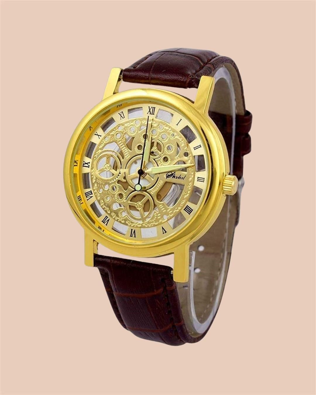 Royal Skeleton Dial Leather Watch – Gold Edition