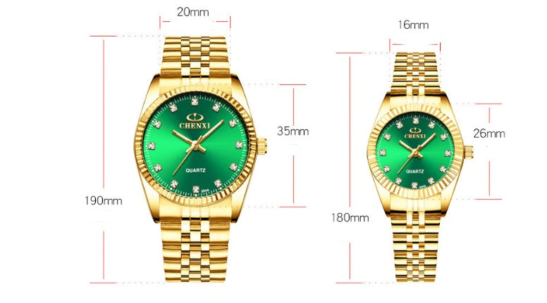 Golden Couple Quartz Watch Set β Stainless Steel Strap, Double-Side Button Clasp, Elegant Gift for Him & Her
