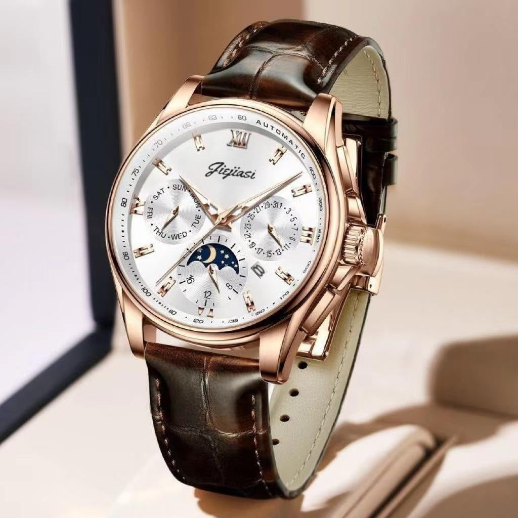 Men’s Waterproof Luminous Automatic Watch – Calendar Feature, 5 Stylish Leather Variants