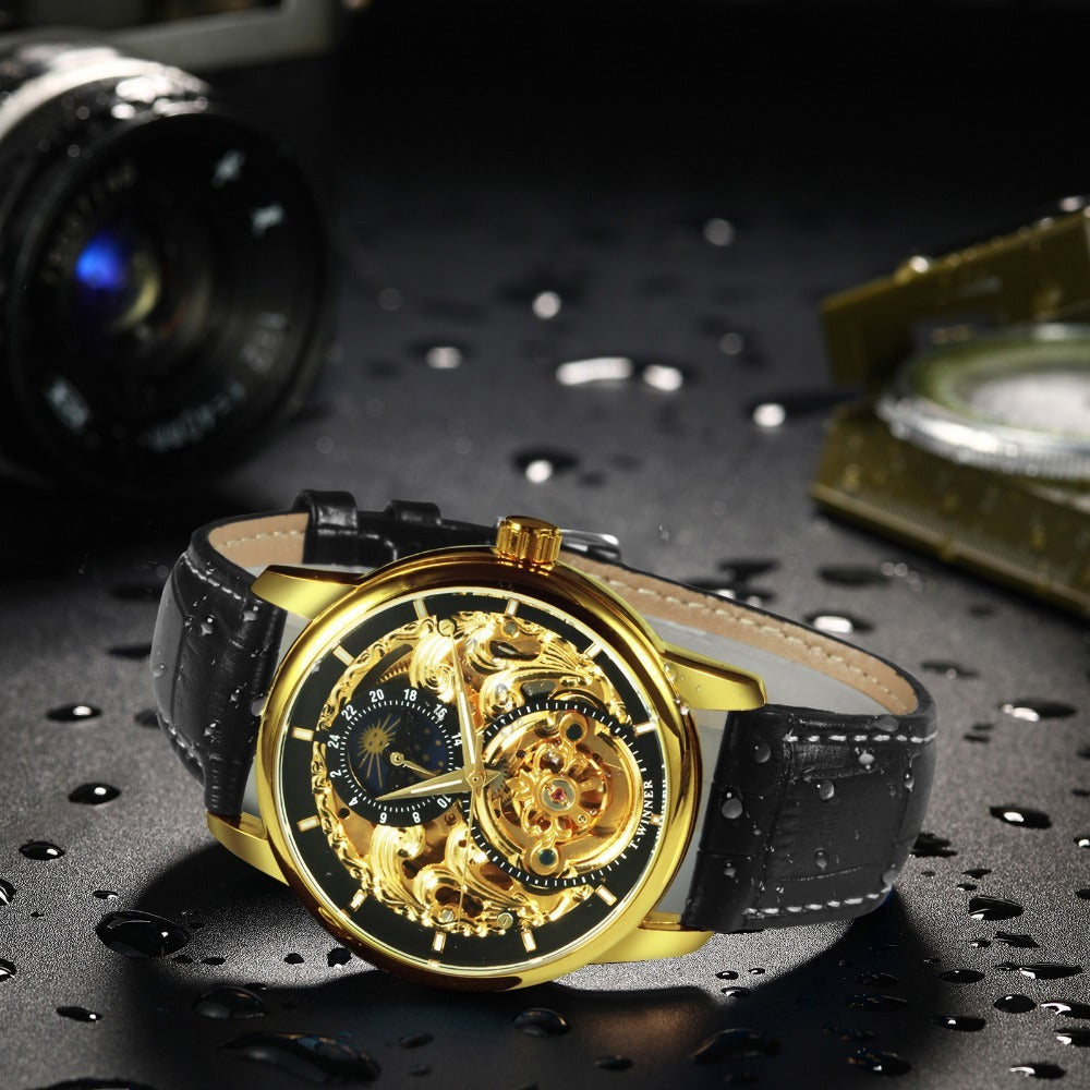Men's Luxury Gold Case Mechanical Watch – Black Dial, Transparent Back, Leather Strap