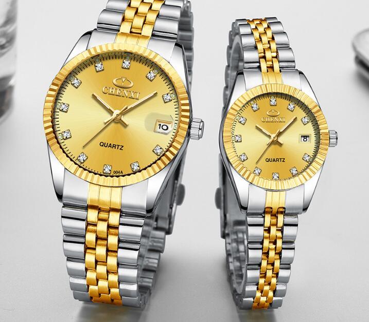 Golden Couple Quartz Watch Set – Stainless Steel Strap, Double-Side Button Clasp, Elegant Gift for Him & Her