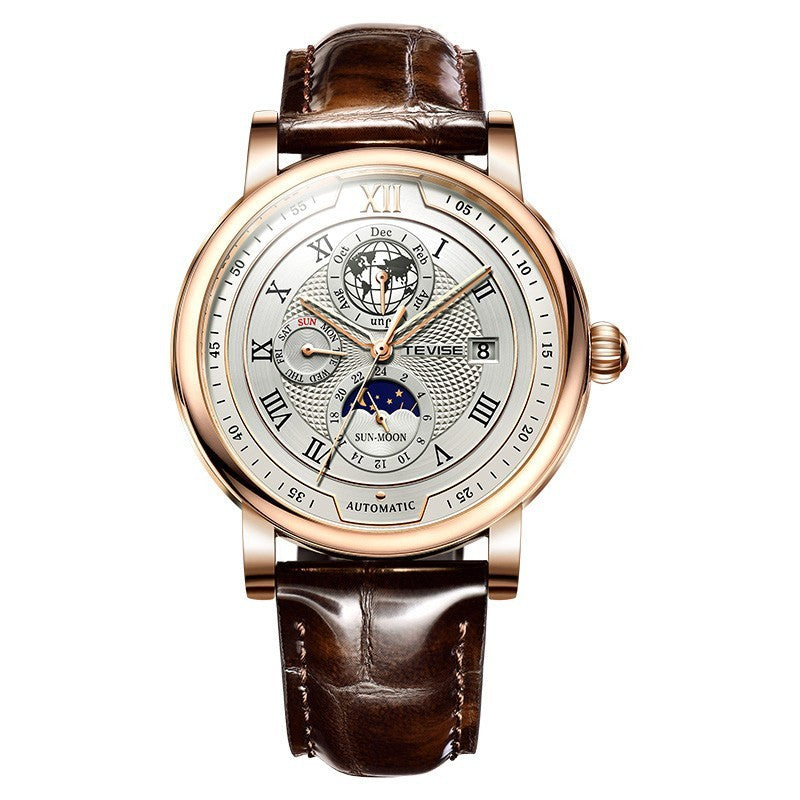 Men’s Waterproof Moon Phase Automatic Mechanical Watch – 44MM Dial, 30M Water Resistance, Starry Window Design