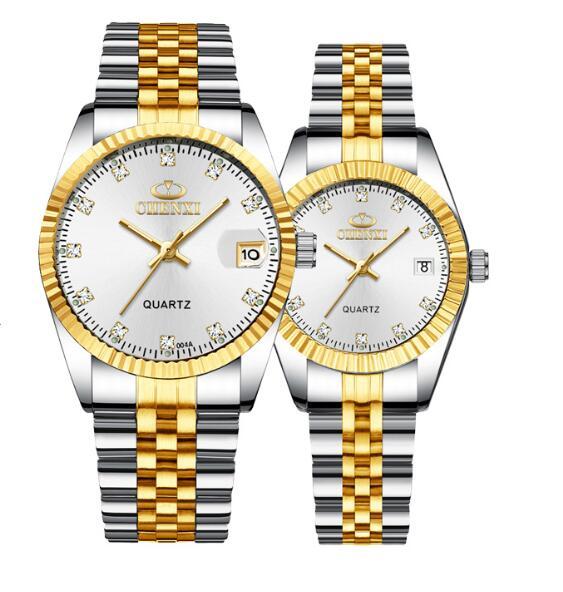 Golden Couple Quartz Watch Set – Stainless Steel Strap, Double-Side Button Clasp, Elegant Gift for Him & Her