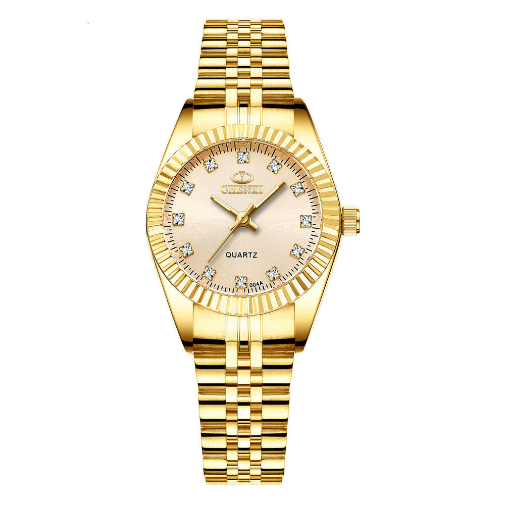 Golden Couple Quartz Watch Set – Stainless Steel Strap, Double-Side Button Clasp, Elegant Gift for Him & Her