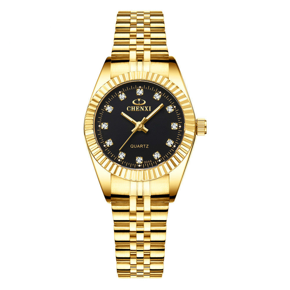 Golden Couple Quartz Watch Set – Stainless Steel Strap, Double-Side Button Clasp, Elegant Gift for Him & Her