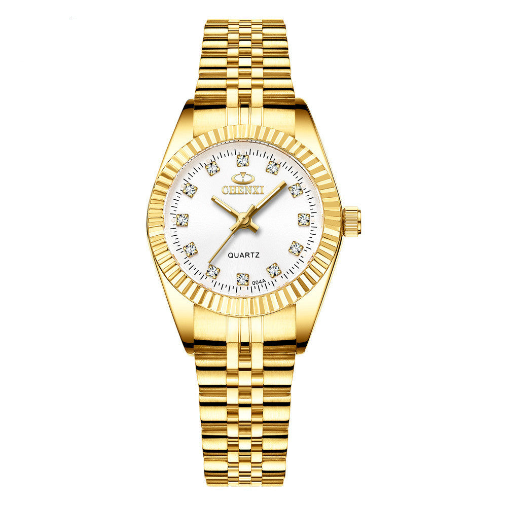 Golden Couple Quartz Watch Set – Stainless Steel Strap, Double-Side Button Clasp, Elegant Gift for Him & Her