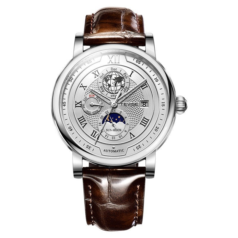 Men’s Waterproof Moon Phase Automatic Mechanical Watch – 44MM Dial, 30M Water Resistance, Starry Window Design