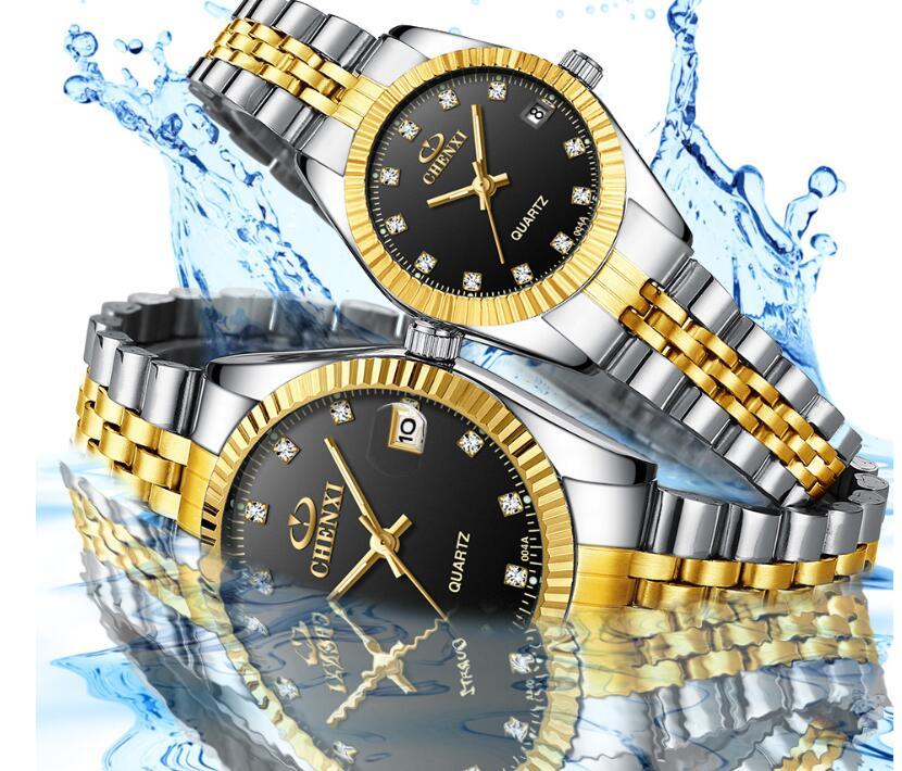Golden Couple Quartz Watch Set – Stainless Steel Strap, Double-Side Button Clasp, Elegant Gift for Him & Her