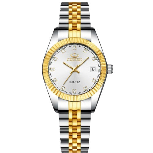 Golden Couple Quartz Watch Set – Stainless Steel Strap, Double-Side Button Clasp, Elegant Gift for Him & Her