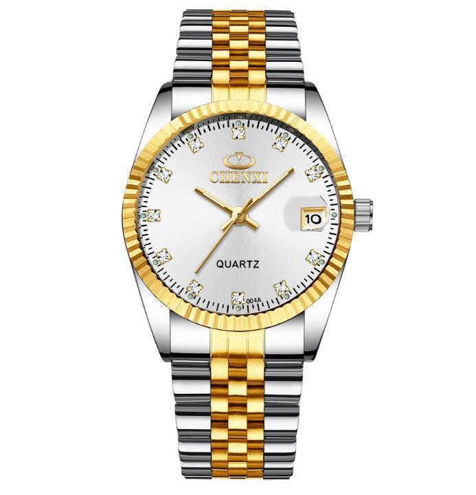 Golden Couple Quartz Watch Set – Stainless Steel Strap, Double-Side Button Clasp, Elegant Gift for Him & Her