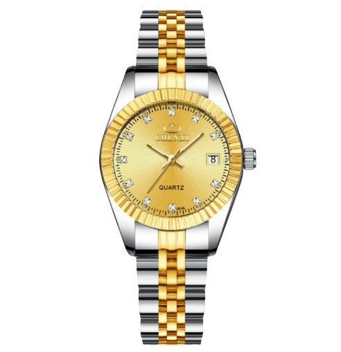 Golden Couple Quartz Watch Set – Stainless Steel Strap, Double-Side Button Clasp, Elegant Gift for Him & Her