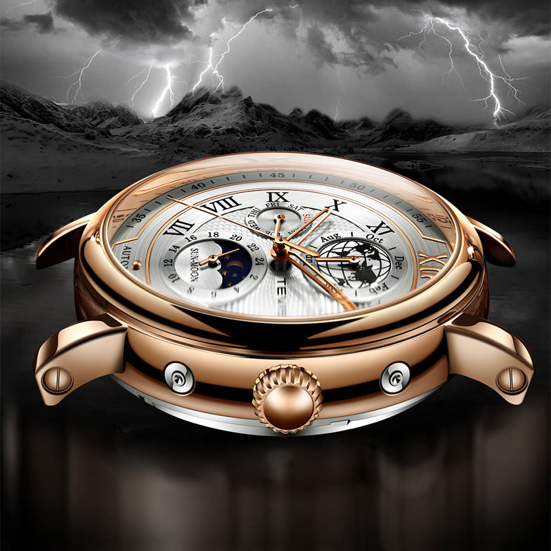 Men’s Waterproof Moon Phase Automatic Mechanical Watch – 44MM Dial, 30M Water Resistance, Starry Window Design