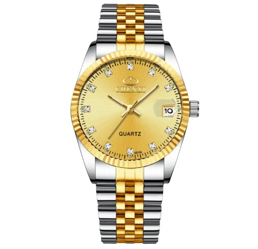 Golden Couple Quartz Watch Set – Stainless Steel Strap, Double-Side Button Clasp, Elegant Gift for Him & Her