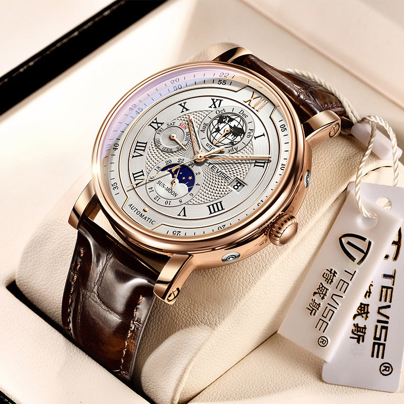Men’s Waterproof Moon Phase Automatic Mechanical Watch – 44MM Dial, 30M Water Resistance, Starry Window Design
