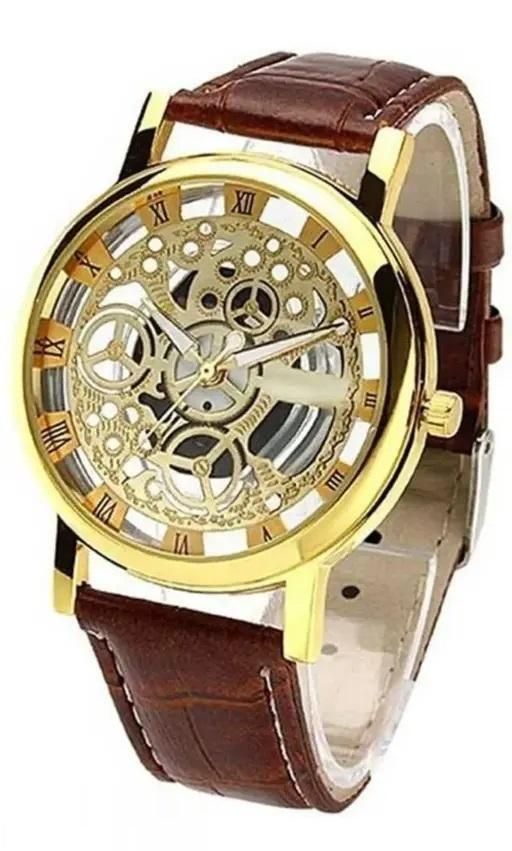 Royal Skeleton Dial Leather Watch – Gold Edition