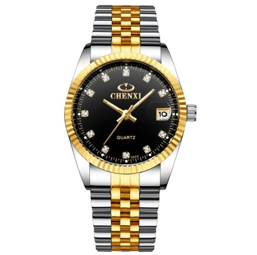 Golden Couple Quartz Watch Set – Stainless Steel Strap, Double-Side Button Clasp, Elegant Gift for Him & Her