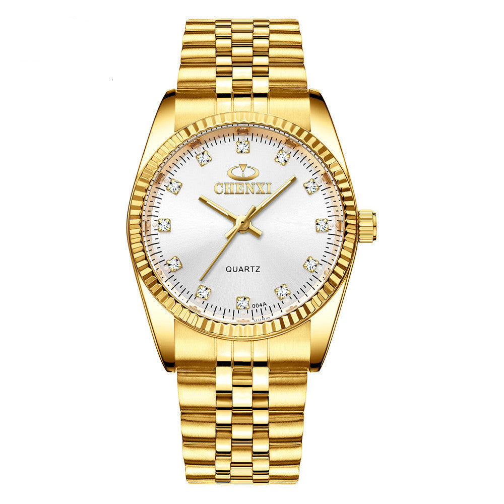 Golden Couple Quartz Watch Set – Stainless Steel Strap, Double-Side Button Clasp, Elegant Gift for Him & Her