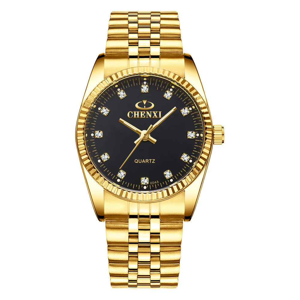 Golden Couple Quartz Watch Set – Stainless Steel Strap, Double-Side Button Clasp, Elegant Gift for Him & Her