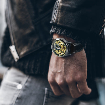 Men's Luxury Gold Case Mechanical Watch – Black Dial, Transparent Back, Leather Strap