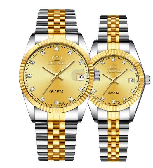 Golden Couple Quartz Watch Set – Stainless Steel Strap, Double-Side Button Clasp, Elegant Gift for Him & Her
