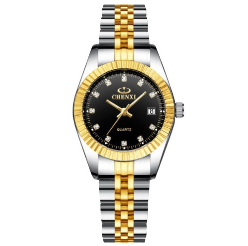 Golden Couple Quartz Watch Set – Stainless Steel Strap, Double-Side Button Clasp, Elegant Gift for Him & Her
