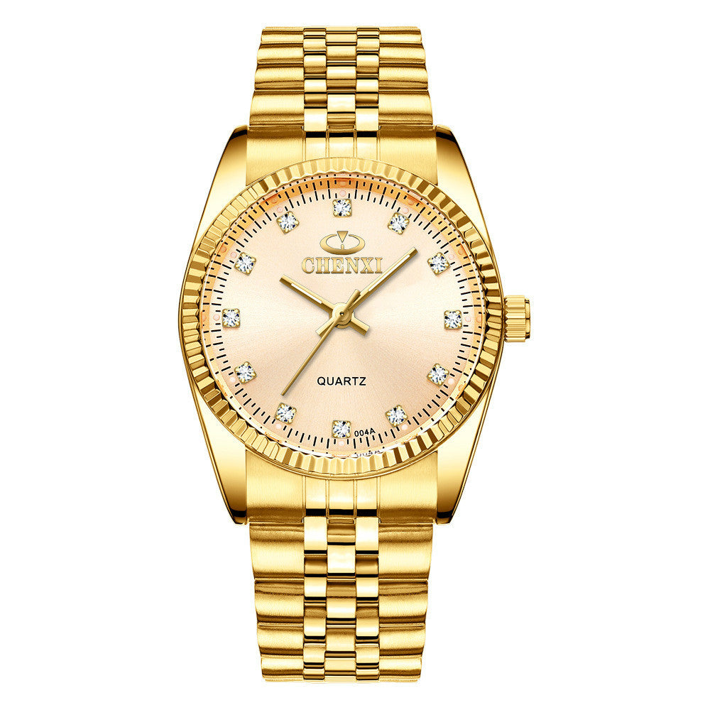 Golden Couple Quartz Watch Set – Stainless Steel Strap, Double-Side Button Clasp, Elegant Gift for Him & Her