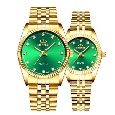 Golden Couple Quartz Watch Set – Stainless Steel Strap, Double-Side Button Clasp, Elegant Gift for Him & Her