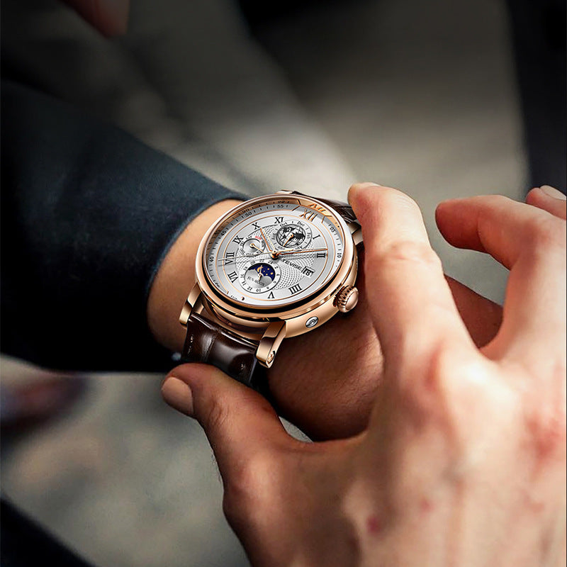 Men’s Waterproof Moon Phase Automatic Mechanical Watch – 44MM Dial, 30M Water Resistance, Starry Window Design